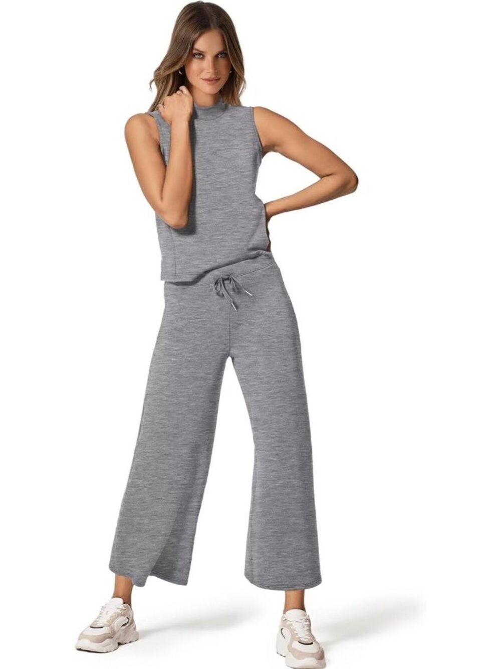Women's Grey Two Piece Set Summer Outfits Lounge Sets Mock Neck Tops Wide Leg - Picture 3 of 5